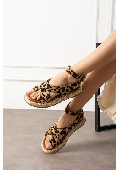 Shoetek Lors Kadın Sandalet Parmak Arası Bilekten Bağlı Leopar LEOPAR