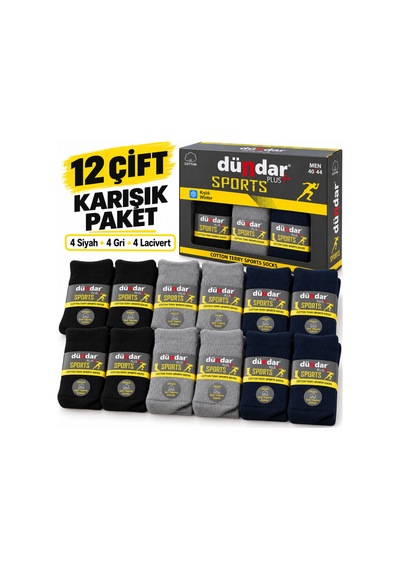 Dündar Çorap Plus Erkek Pamuklu Havlu Spor Çorap 12 Çift Ekonomik Paket 40-44 Asorti Paket