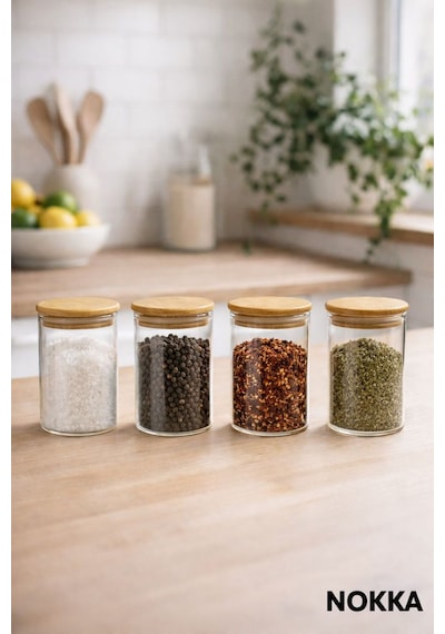 4 Adet Vakumlu Bambu Kapaklı Borosilikat Baharatlık, 8 Cm, Saklama Kabı, Çerezlik 150 Ml Diğer
