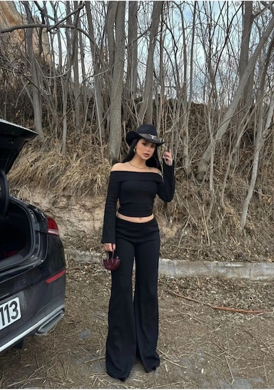 Bigümex Madonna Yaka Crop Takım Kaşkorse Kumaş Standart Beden Çok Renkli