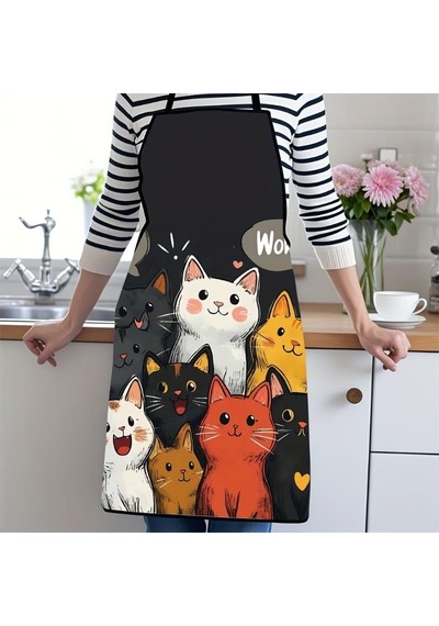 Valkyrie Kedi Desenli Mutfak Önlüğü Cepli Ayarlanabilir Askılı Unisex Mutfak Temizlik Önlüğü Siyah