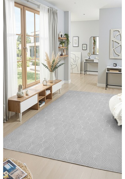 Raschel Carpet Premium Yıkanabilir Leke Tutmaz Yaprak Emboss Açık Gri Özel Seri Kaymaz Taban Halı Yolluk Açık Gri