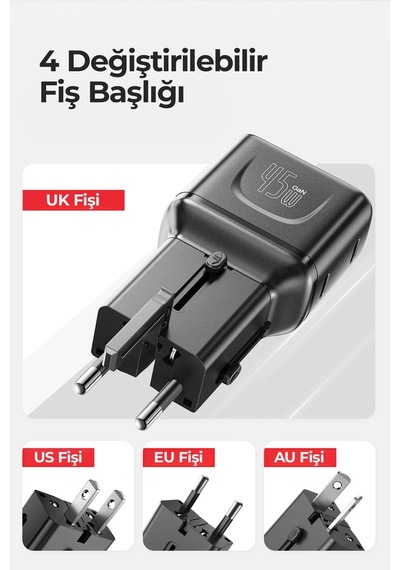 Ven-dens Vd-ta002 45 W Pd 4 Ü 1 Arada Seyahat Adaptörü, Çift Usb-c Port, Abd, İngiltere, Siyah