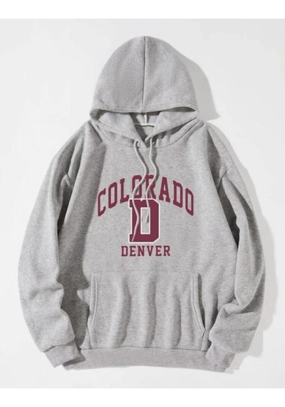 Oversize Colorado Baskılı Gri Kapüşonlu Sweatshirt. Gri