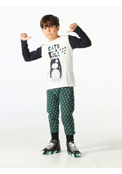 Casabony Cats Rule Erkek Çocuk Pantolon + T-Shirt Takım-Indigo - Beyaz İndigo - Beyaz
