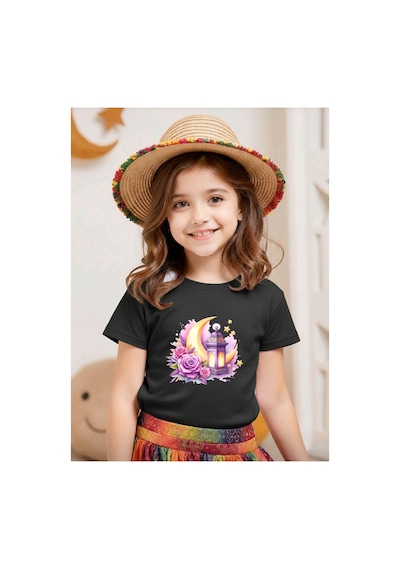 Stil-x Ramazan Bayramı Baskılı Kız Çocuk Tshirt, %100 Pamuklu Kumaş Siyah