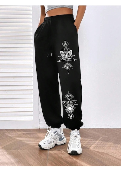 Butterfly Print Elastic Waist 4 Mevsim Eşofman Siyah