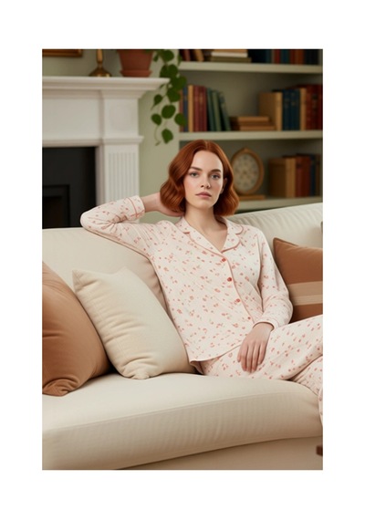 Ersefa Kadın Çiçekli Pijama Takımı Gömlek Yaka Uzun Kollu Fonksiyonel Da ekru