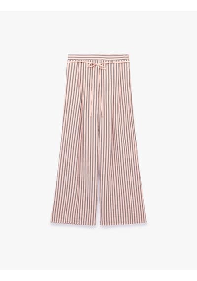 Koton Rahat Kalıp Viskon Çizgili Bağcıklı Geniş Paça Pantolon Pembe Çizgili 6sal40122ıw