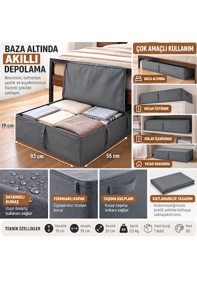Baza Altı Kapaklı Saklama Hurcu 93x55x19 Cm Gri Çok Amaçlı Yorgan, Nevresim Ve Kıyafet Düzenleyici Organizer