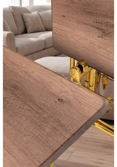 Eranş Serisi 4'lü Katlanır Mdf Mebran Ahşap Çanta Zigon Sehpa Gold Ayak Koyu Ahşap Desen Gold Ayak