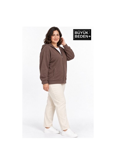 Süperlife Kadın Büyük Beden Fermuarlı Kapüşonlu Cepli Sweatshirt Hırka Rahat Kalıp Spr26bhrk961 Kahverengi