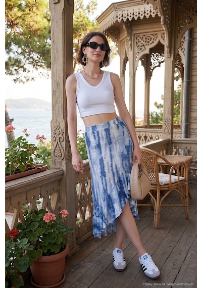 Lela Regular Fit Desenli Yüksek Bel Volanlı Midi Boy Yırtmaçlı Bayan Etek 5869013 Indigo
