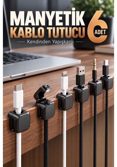 6 Lı Manyetik Kablo Düzenleyici Tutucu - Kendinden Yapışkanlı - Kompakt Tasarım Çok Renkli