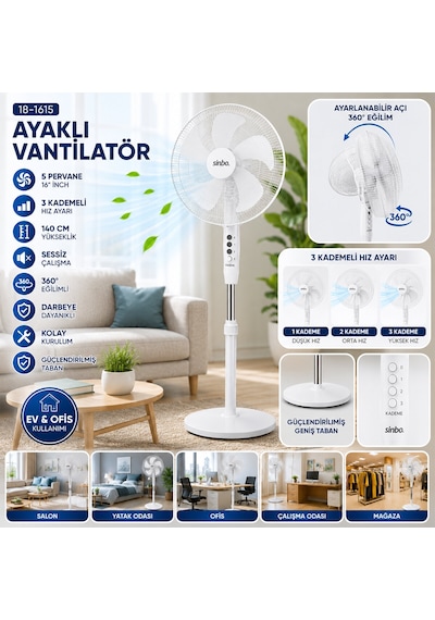 Go İthalat Beyaz 5 Pervane - 16 Inc Ev - Ofis Kompakt - Sessiz - Üç Kademe 140cm Yükseklik Ayaklı Va