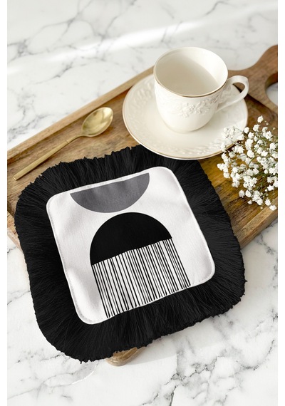 Geometrik Modern Stil Saçaklı Sunum Peçetesi - Minimalist Siyah Beyaz Etnik Bardak Altlığı Mendil Çok Renkli