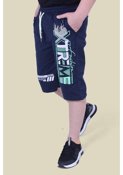 Fyk Kids Xtreme Yazı Baskılı Fosfor Renk Detaylı Çift Cep Erkek Çocuk Lacivert Kapri Lacivert