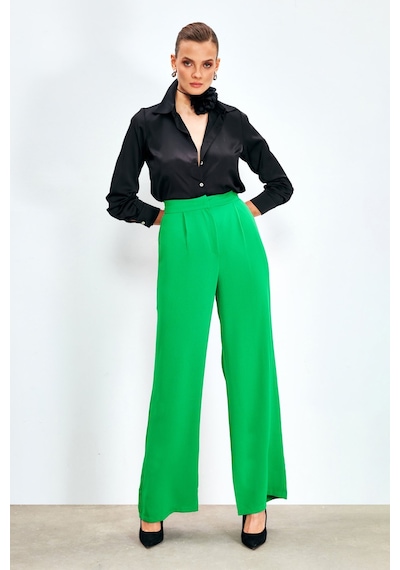 Sateen Pileli Krep Pantolon - Yeşil