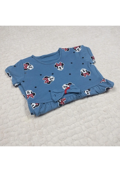 Momikon Minnie Mouse Desenli Fiyonk Detaylı Pamuklu Kız Çocuk Elbise Koyu Mavi