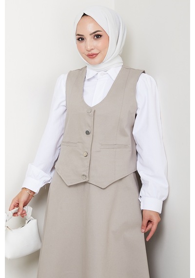 Bestenur İkili Gabardin Yelek Etek Takım 1400 - Taş Taş