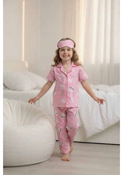 Lillypicca Pembe Desenli Pamuklu Önden Düğmeli Göz Bantlı Kısa Kol Pijama Takımı 8024 Somon