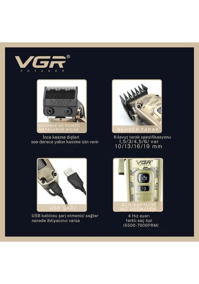 Vgr V-005 Profesyonel Saç Kesme ve Tıraş Makinesi Renkli Taraklı Tam Set