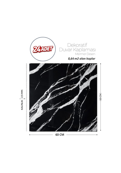 60x60 Cm Kendinden Yapışkanlı Duvar,banyo,tezgah Arası Siyah Mermer-24 Adet 1089-60-24