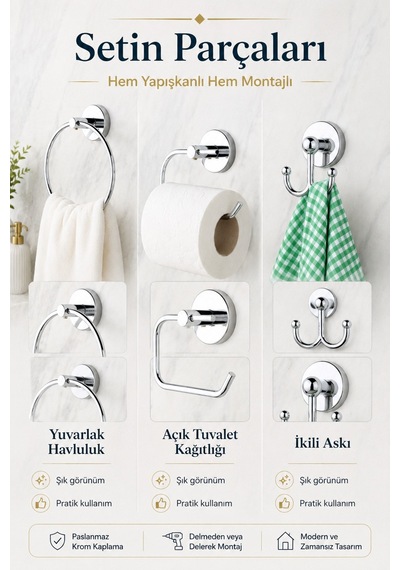 Alper Banyo Krom 3'Lü Banyo Seti, Yuvarlak Havluluk, Kağıtlık Ve Bornoz Askısı