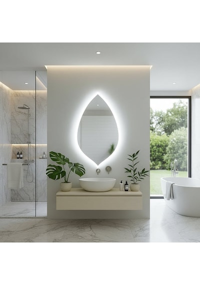 70x120 Cm Damla Form Led Ayna Dokunmatik, Dim Edilebilir, 6500 Beyaz Işık Modern Duvar Aynası Beyaz