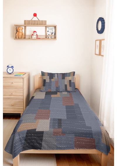 Mavi Geometrik Modern Genç Odası Tek Kişilik Pike Takımı-gri Vizon 160x220 Cm Kapitone Yatak Örtüsü Turkuaz