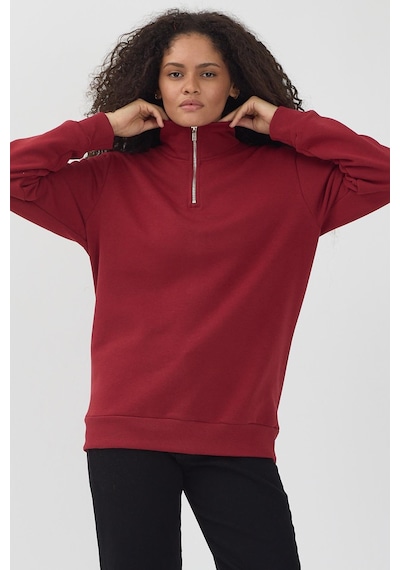 Polostate Unisex Regular Fit Rahat Kesim Pamuklu Içi Polarlı Yarım Fermuarlı Bordo Dik Yaka Sweatshirt Bordo