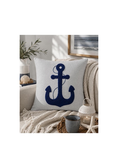 Punch Nakışlı Kırlent Kılıfı 45x45 Cm Kırlangıç Home Çapa Çiçek Desenli Açık Gri-p.mavi