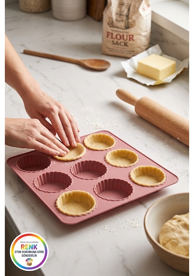 Silikon Tartolet Kalıbı Kolay Çıkan Esnek Platinum Silikon 9 Gözlü Mini Tart Kek Kalıbı 25 Cm Çok Renkli