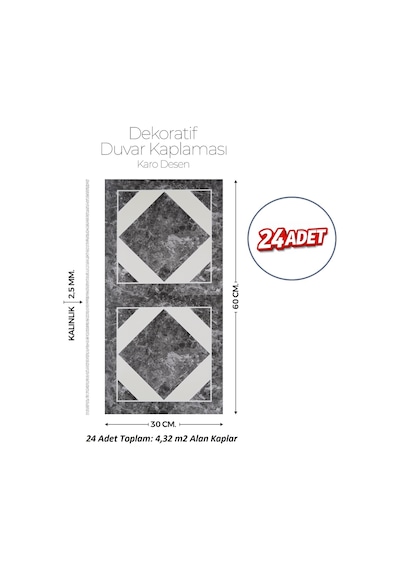 30x60 Cm Kendinden Yapışkanlı Duvar,banyo,tezgah Arası Karo Desen -24 Adet 1009-24