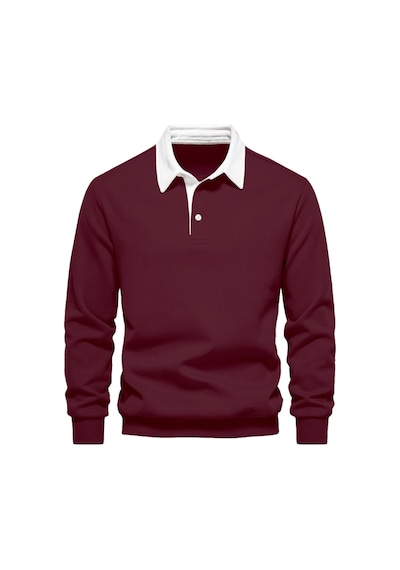 Ghassy Co. Erkek Retro Renk Bloklu Pamuklu Gömlek Yaka Sweatshirt Bordo