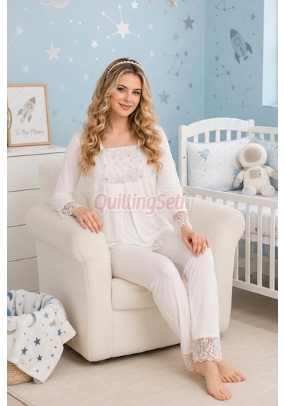 Lady Ekru Renkli, Dantel Detaylı, 33203 Uzun Kol, 2 Parça Lohusa Hamile Pijama Takımı