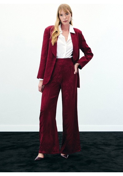Sateen Yüksek Bel Desenli Pantolon - Bordo-136425 Bordo