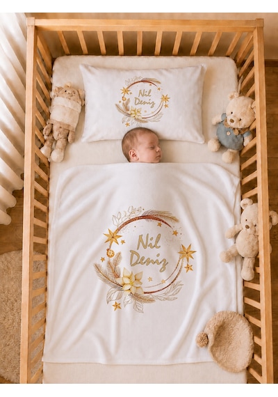 Pia Baby Kız Bebek Tulum Seti İsim Baskılı %100 Pamuk Yastık Kılıfı Ve Battaniye 1093tyb0x Ekru