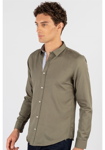 Tudors Slim Fit Dar Kesim Oxford Spor Erkek Gömlek-15028 Haki