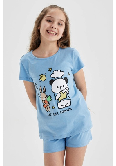 Defacto Kız Çocuk Baskılı Kısa Kollu Şortlu Pijama Takım A1365a823smbe761 Mavi