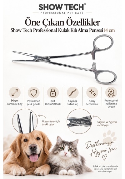 Showtech Professional Kedi Köpek Kulak Kılı Alma Pensesi 14 Cm