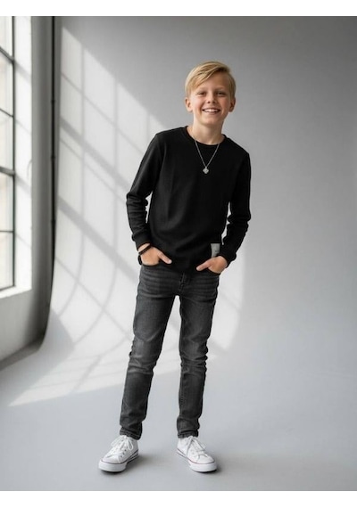 Zekids Erkek Çocuk Pamuklu Dokulu Kumaş İnce Uzun Kollu Sweatshirt-16630 Siyah