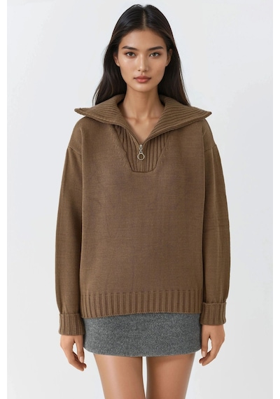 Hiccup My Fashıon Fermuarlı Yaka Oversize Triko Kazak Mocha Kahvesi