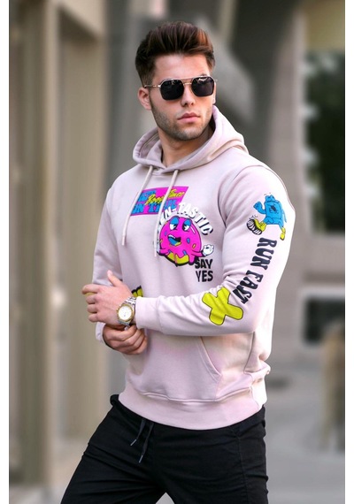 Madmext Bej Baskılı Kapüşonlu Sweatshirt 5896 Bej