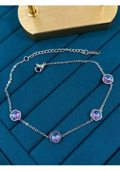Premium Gümüş Renk Çiçek Model Parlak Ve Şık Renkli Taşlı 316l Çelik Halhal 25cm