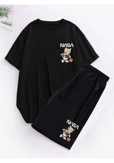 Siyah Nasa Kedi Baskılı Şort T-shirt Takım Siyah