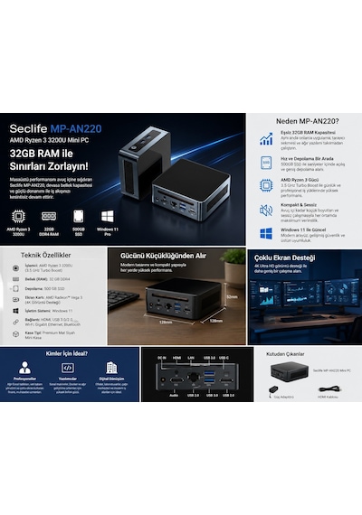 Seclife MP-AN220 R3-3200U 32 GB 500 GB SSD W11H Mini Pc