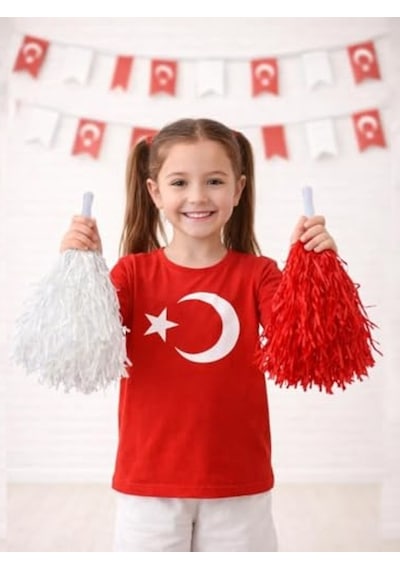 2'li Kırmızı Beyaz Metalik Ponpon - Gösteri İçin