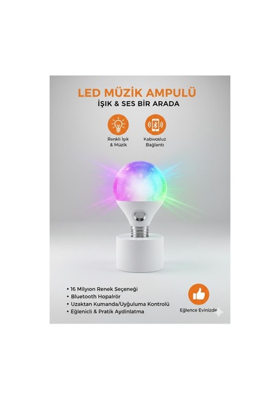 Bluetooth Hoparlörlü Led Ampul Renkli Işık Ve Müzik Bir Arada Beyaz