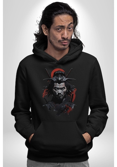 Asyalı Japon Samuray Savaşcı Kadın Erkek Siyah Kapüşonlu Sweatshirt Hoodie Siyah